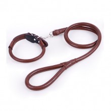 Pet Dark Brown Cowhide Super Pulling Force Collar And Traction Rope Set