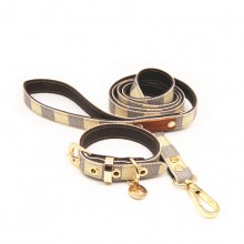 Pet White Plaid Leather Traction Rope Collar Set