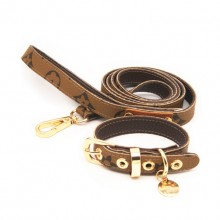 Pet Khaki Flowers Leather Traction Rope Collar Set