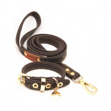 Pet Dark Brown Flowers Leather Traction Rope Collar Set