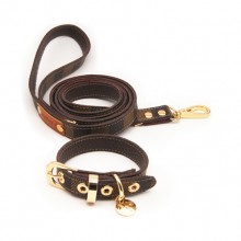 Pet Brown Plaid Leather Traction Rope Collar Set