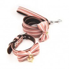 Pet Pink Stripes Leather Traction Rope Collar Set